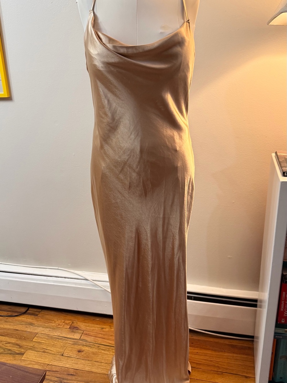 Champagne Satin Cowl neck lace up back maxi slip Dress